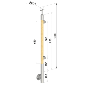 Dřevěný sloup, boční kotvení, výplň: sklo, pravý, vrch pevný (ø 42mm), materiál: buk, broušený povrch bez nátěru