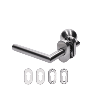 Klika (levá) + koule (pevná), ohnutá včetně spodní rozety, balení: 1ks klika (levá), 1ks koule, 2ks spodní oválná rozeta, broušená nerezová ocel AISI304