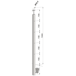 Nerezový sloup, boční kotvení, 4 děrový průchodný, vrch pevný, (40x40 mm), broušená nerez K320 / AISI304