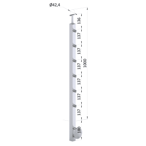 Nerezový sloup, boční kotvení, 6 řadový průchodný, vnitřní, vrch pevný, (40x40 mm), broušená nerez K320 / AISI304