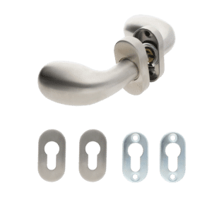 Oválna nerezová kľučka (pár) vrátane dolnej rozety, balenie: 2ks kľučka + 2ks dolná rozeta, príslušenstvo k montáži, brúsená nerez K320 /AISI304