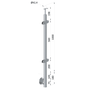 Nerezový sloup, boční kotvení, výplň: sklo, průchozí, vrch pevný (ø42,4x2 mm), broušená nerez K320 / AISI316