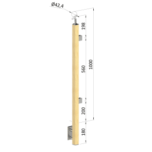 Dřevěný sloup, boční kotvení, výplň: sklo, koncový, pravý, vrch nastavitelný (40x40mm), materiál: buk, broušený povrch bez nátěru