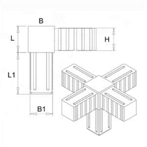 Plastová spojka - 5-nohý kus vhodný do profilu veľkosti 25x25x2 mm