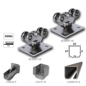 Nerezový samonosný systém 67x67x3 mm pro posuvné brány do 200 kg / 4 m průjezd (C399P-IX 1x6 m nerezový profil, W395P-IX 2 ks, C397P-IX 1 ks, C396P-IX 1 ks)