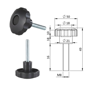 Aretační šroub, ø 50 mm, M8 x 16 mm, polyamid, černá