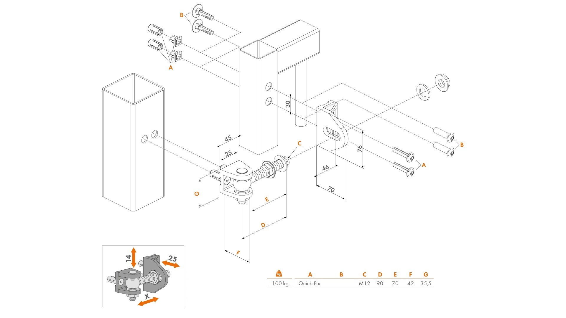 LOCINOX® BOLTON4D pant M12, otevíratelný 180°, nastavitelný 3D, částečně pozinkovaný, montáž šroubem Quick-fix - Obrázek 2