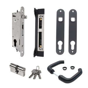 LOCINOX® sada FIFTYSET na zamykanie krídlovej bránky (štítok, doraz, cylindrická vložka, kľučka), pre profil 50x40 mm