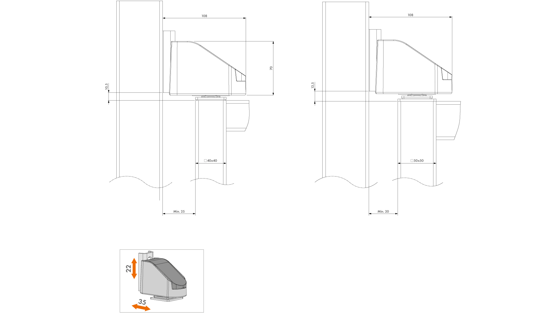 LOCINOX® BEARING HINGE bezúdržbový ložiskový osový pant, otevíratelný 90°, nastavitelný 2D, kryt z nerezové oceli - Obrázek 3