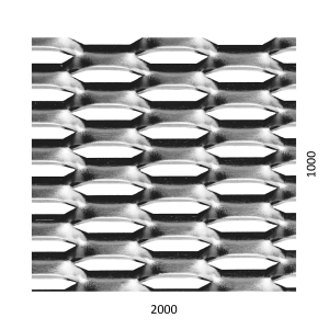 Tahokov Fe, kosočtvercové oko: 44x12mm, mostík: 5mm (2000x1000x1.5mm), orientace oka: rozměr oka 44mm je rovnoběžná s ro