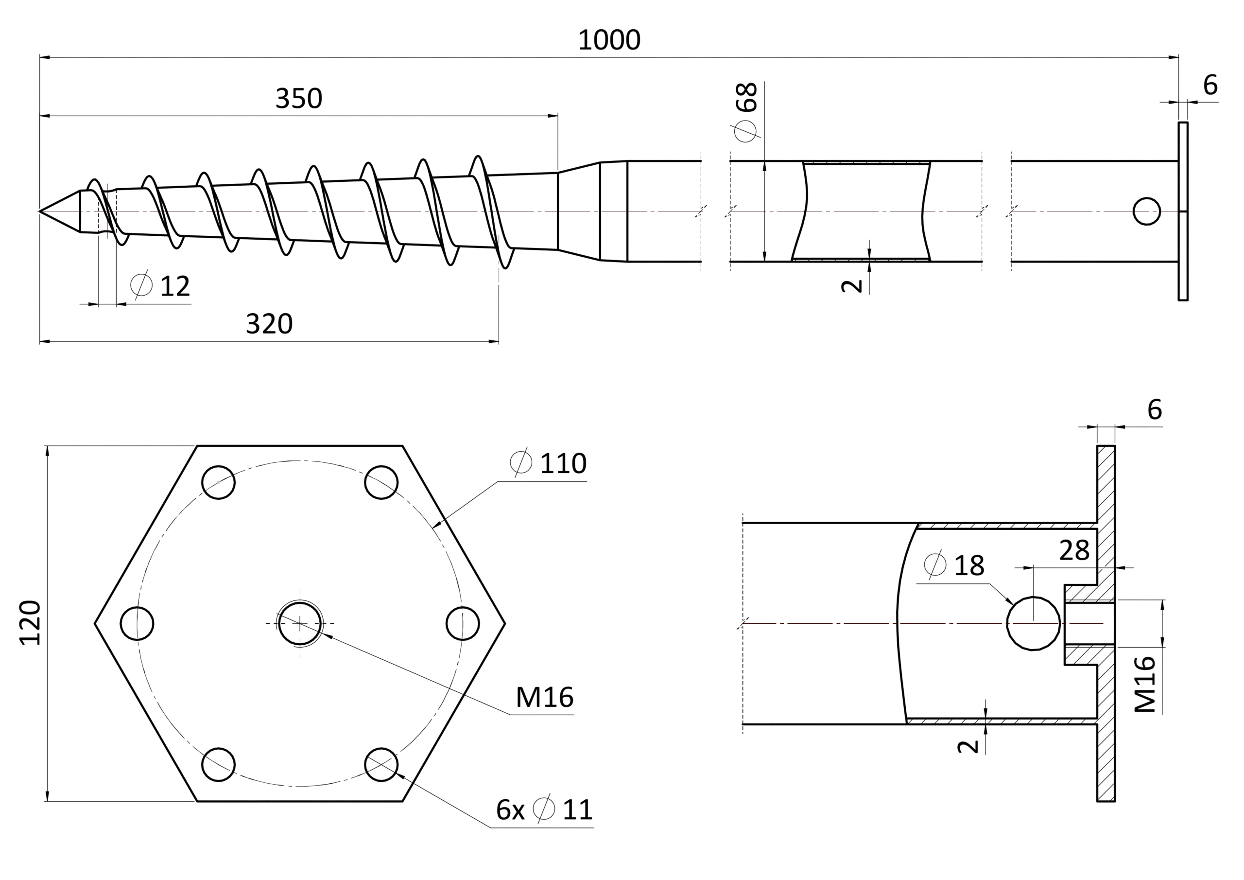 Zemní vrut, patka s přírubou, 120 x 120 mm, zinková barva - Obrázek 5
