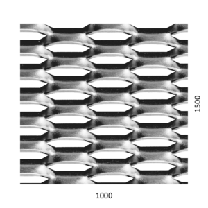 Tahokov Fe, kosočtvercové oko: 44x12mm, mostík: 5mm (1000x1500x1.5mm), orientace oka: rozměr oka 44mm je rovnoběžná s ro