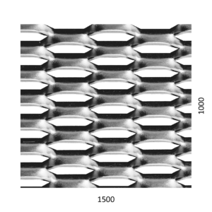 Tahokov Fe, kosočtvercové oko: 44x12mm, mostík: 5mm (1500x1000x1.5mm), orientace oka: rozměr oka 44mm je rovnoběžná s ro