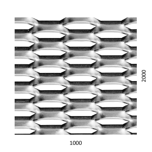 Tahokov Zn, kosočtvercové oko: 44x12mm, mostík: 5mm (1000x2000x1.5mm), orientace oka: rozměr oka 44mm je rovnoběžná s ro
