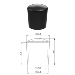 Vnější PVC krytka ø 26,2 x 30 mm, otvor 20,2 mm, černá