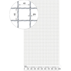 Žebírkové pletené síto - rovné, oko: 40x40mm, průměr pletiva ø4mm, rozměr 1000x2000mm, pozinkované